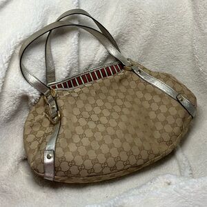 Gucci Tan and Silver Shoulder Bag with GG Monogram